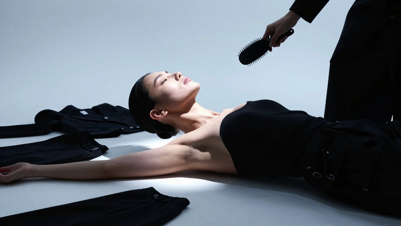 Model twisted in an avant-garde pose under dramatic studio lighting