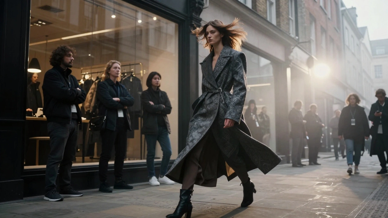Model walking dynamically down a foggy London alley with casting directors watching from above.