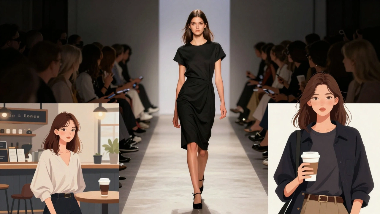 Model walking runway under spotlight, contrasted with everyday café scene.