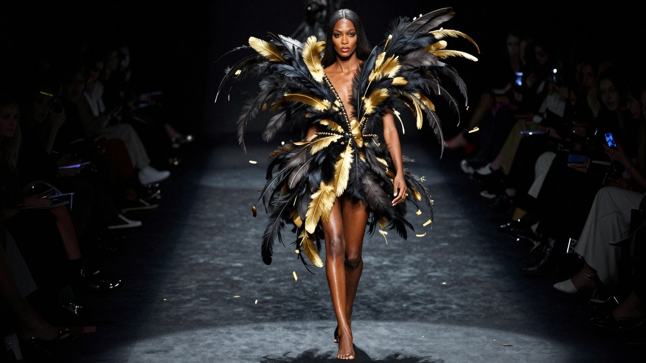 Naomi Campbell walking barefoot on a runway surrounded by swirling feathers.