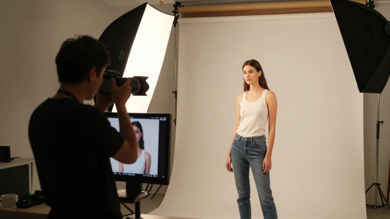 Photographer guiding a model in a studio with soft lighting and plain backdrop during a professional portfolio session.