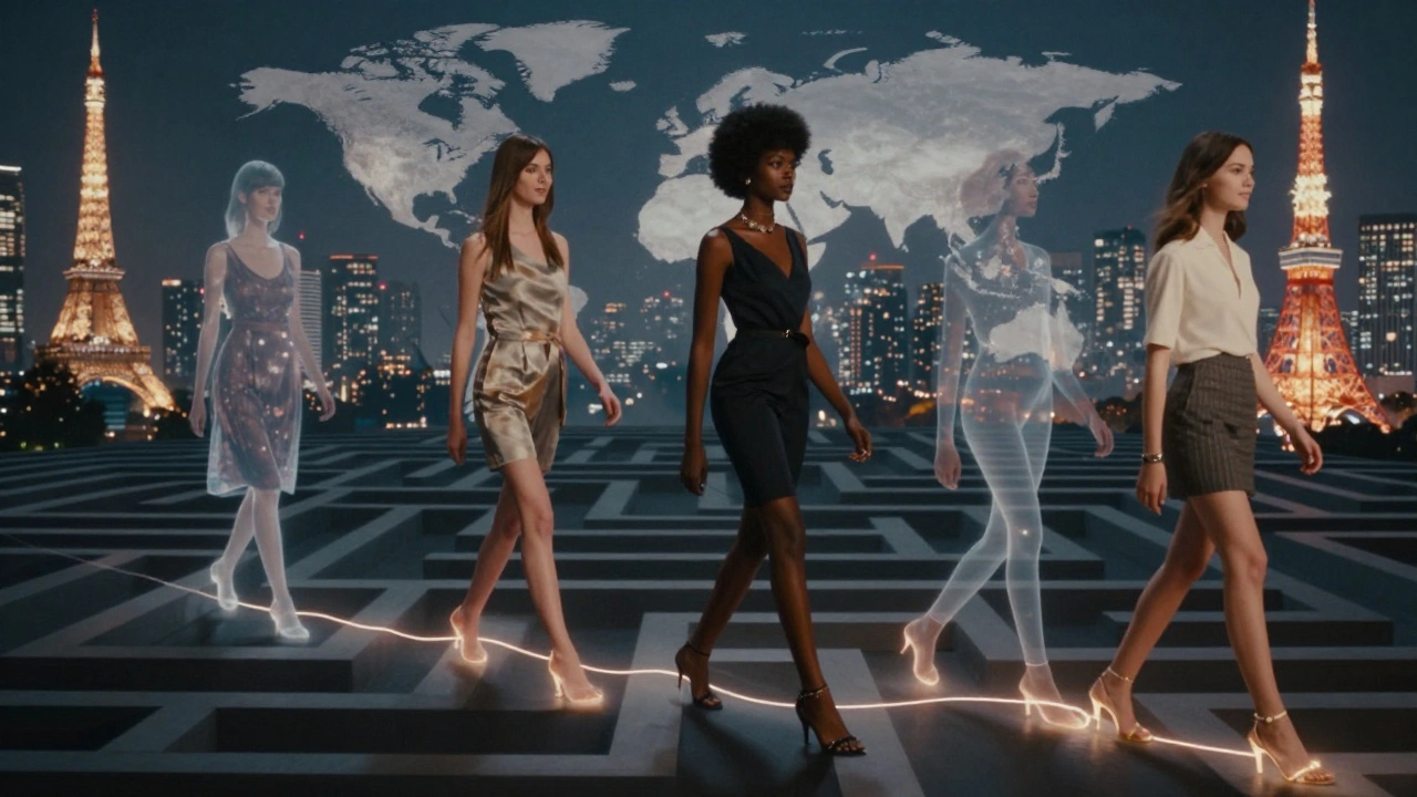 Silhouettes of iconic and emerging UK models walking through global cityscapes, connected by a glowing thread.