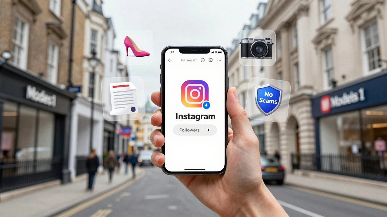 Smartphone with Instagram counter surrounded by modeling symbols and 'No Scams' shield.