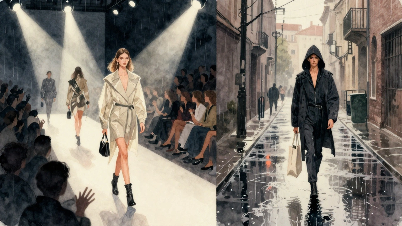 Split image of a model on a glamorous runway versus walking alone in a quiet alley, symbolizing the duality of public persona and private life.