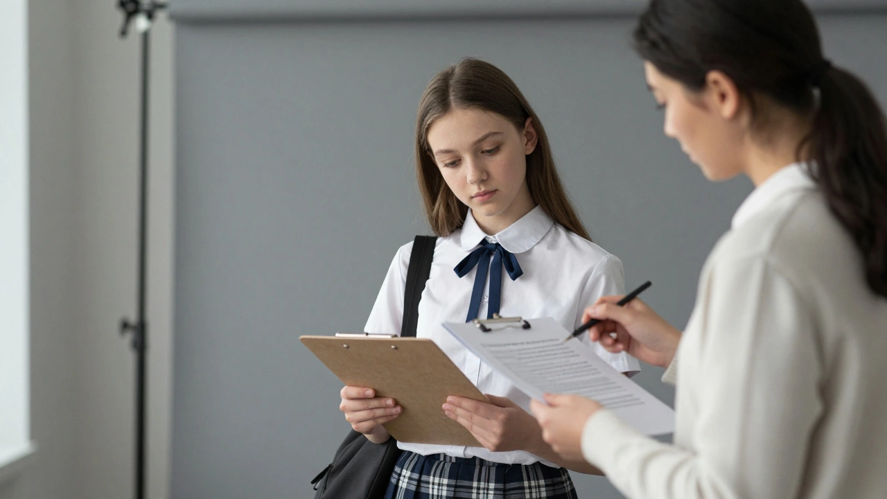 Teen model in school uniform with parent reviewing contract at a photoshoot.