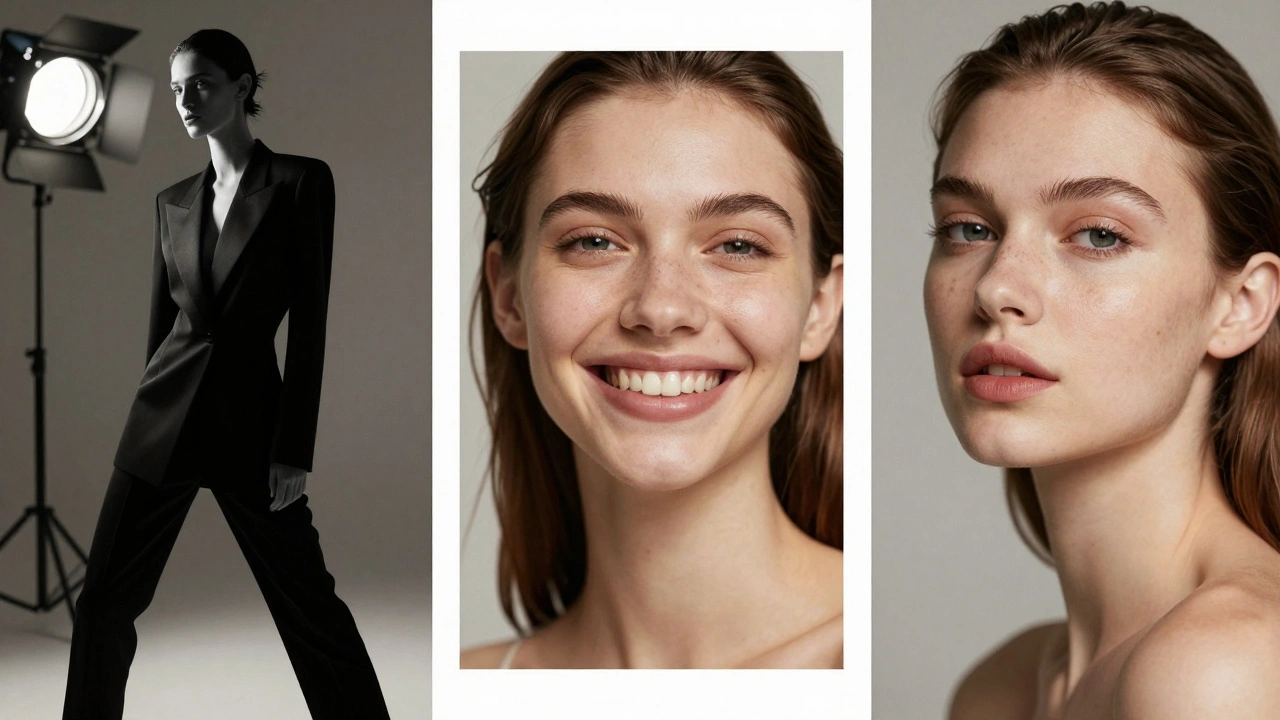 Three modeling looks: editorial, commercial, and beauty, displayed side by side in natural light.