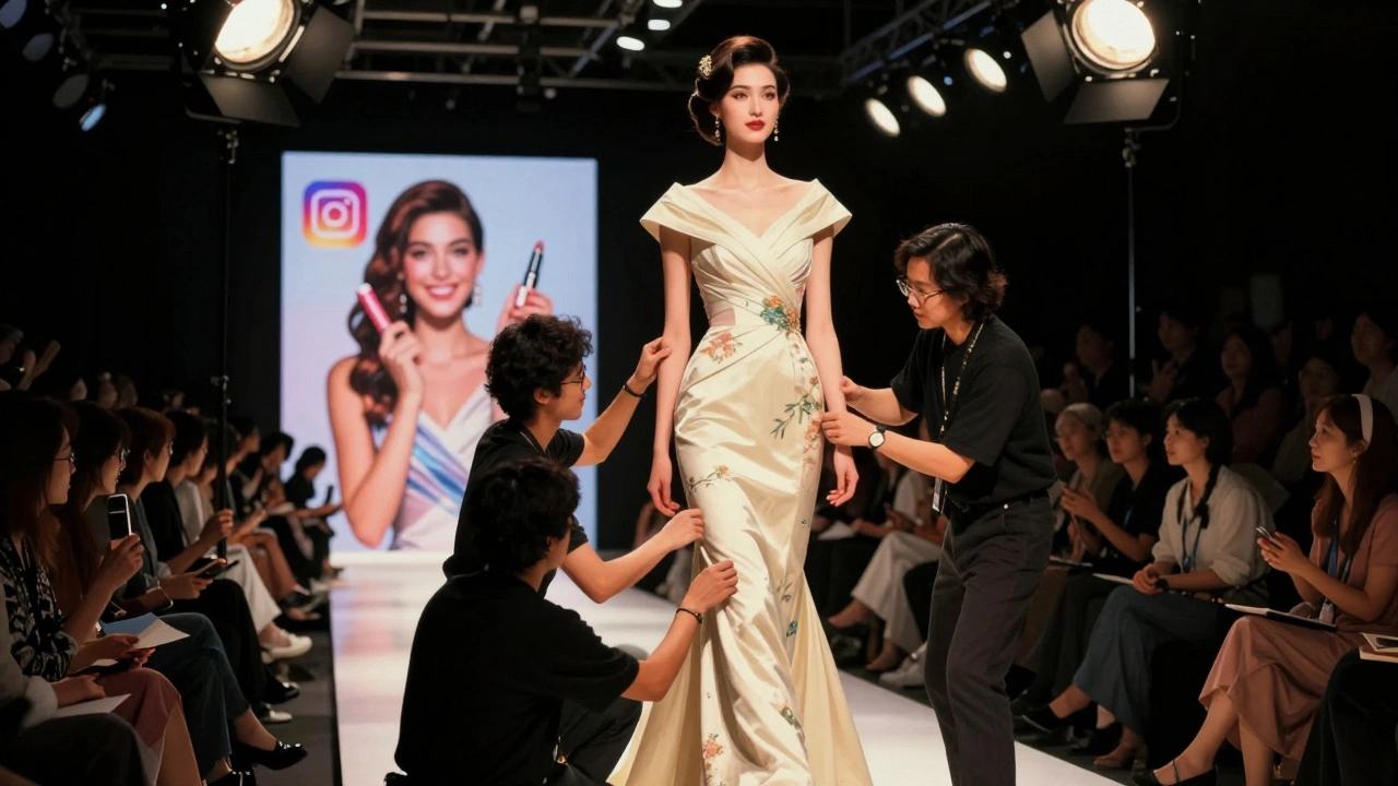 Traditional model on runway surrounded by stylists, with Instagram model on billboard in background.