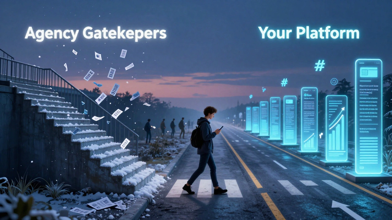 Two paths diverge: one narrow with rejection slips, the other bright digital highway of social media success.