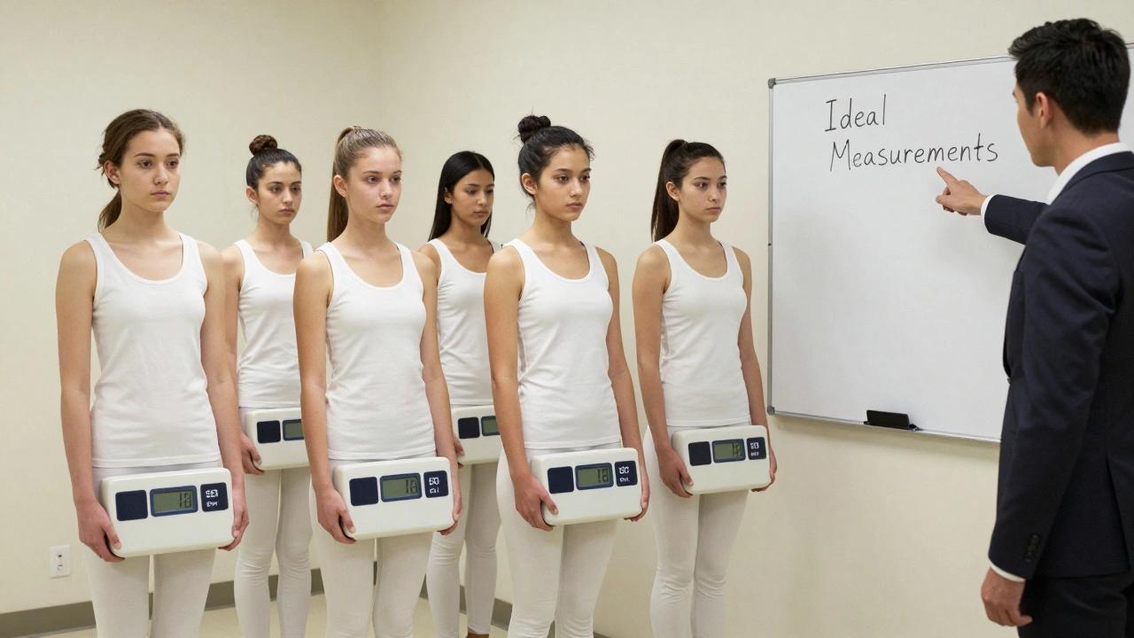 Young models stand in a cold agency office, each holding a scale showing numbers below the industry's rigid standard.