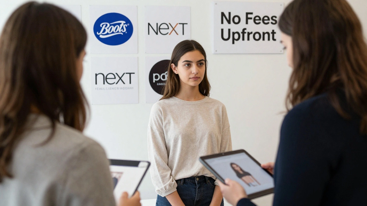 Young woman at a UK modeling agency open call, agent reviewing her portfolio with client logos visible.