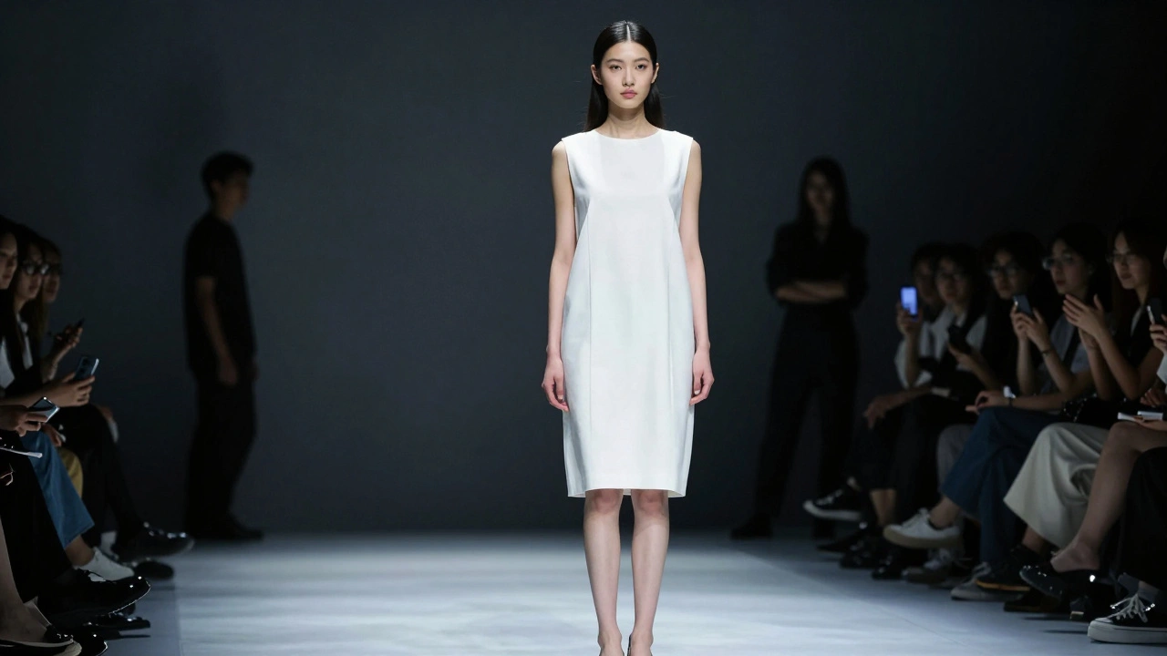 A fashion model holding a powerful, still pose on a runway under dramatic studio lights.