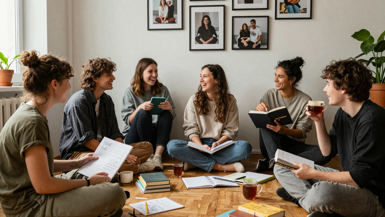 A group of models in a cozy loft sharing handwritten notes and sketchbooks, showing their lives beyond modeling.
