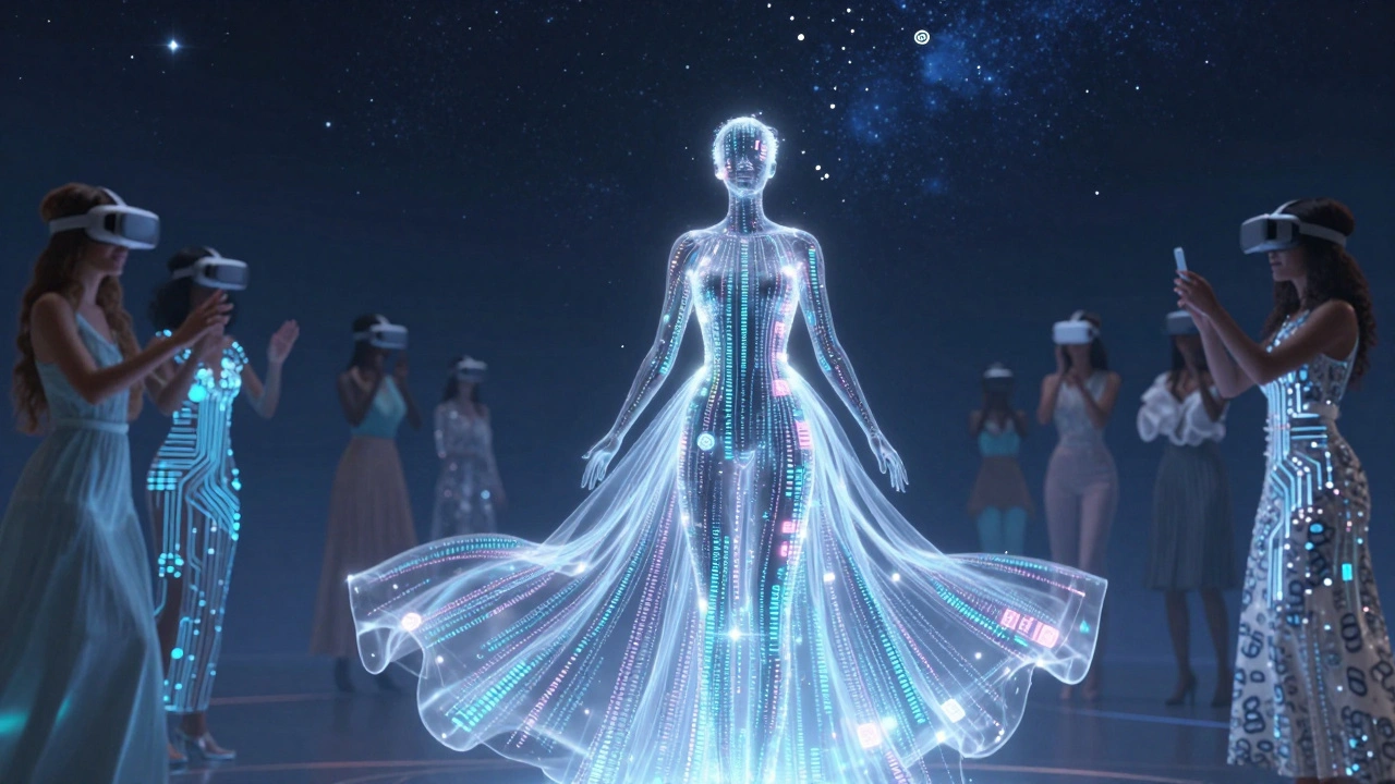 A luminous figure made of code wears a transforming digital gown that becomes NFT tokens rising into a metaverse sky, with models using VR nearby.