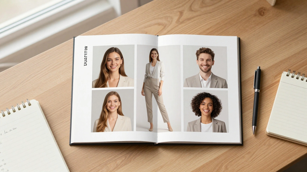 A minimalist flat-lay of a model portfolio PDF on a wooden desk with natural light and simple accessories.