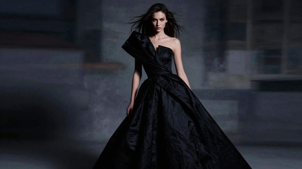 A model in a dramatic black gown poses under moody lighting, showcasing high-fashion editorial style.