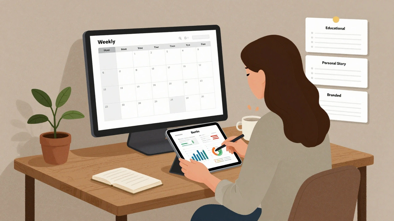A model organizing her weekly content plan with analytics and labeled post types on a wooden desk.