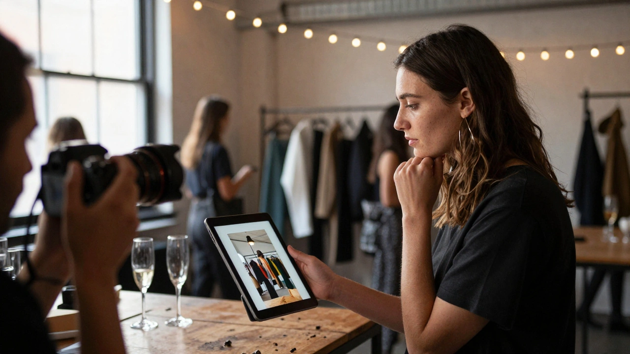 A model showing a behind-the-scenes photo from a warehouse shoot to a photographer at a fashion event.