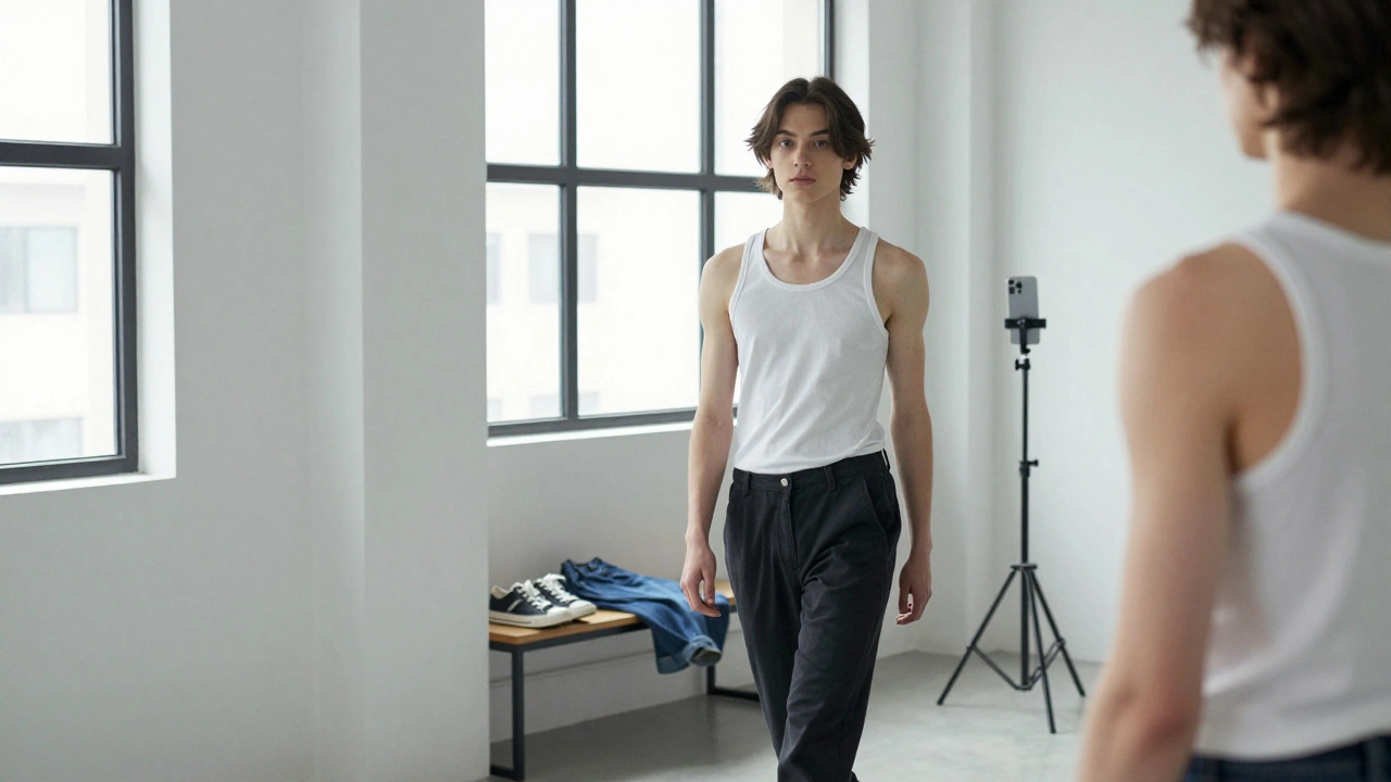 A person practicing their runway walk in front of a mirror with natural light, smartphone capturing the moment.