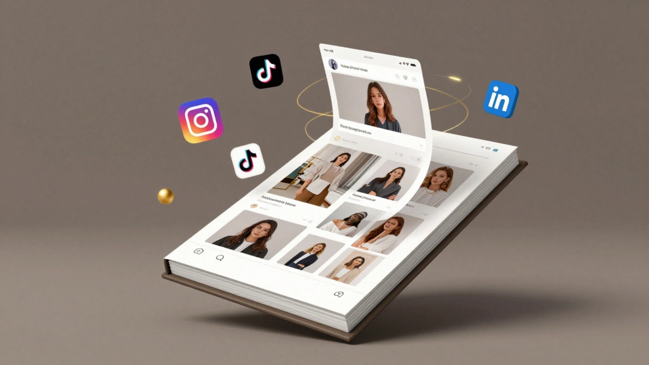A printed portfolio transforming into digital social media icons floating in the air.