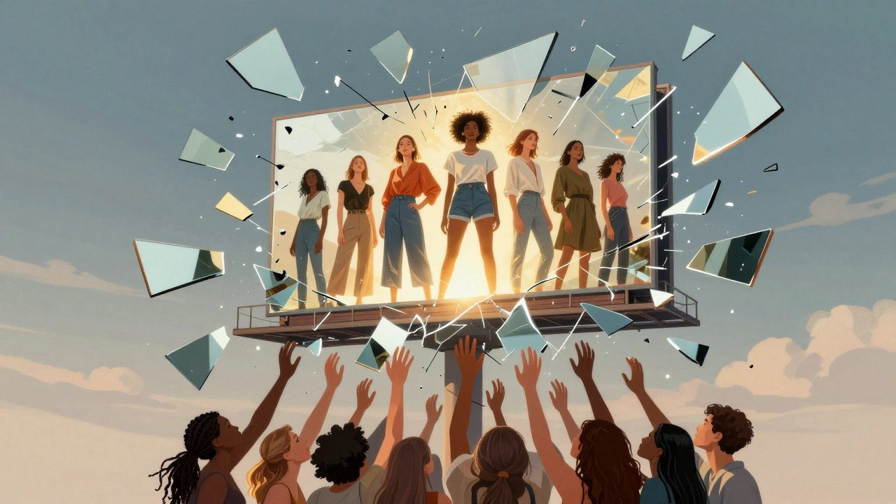 A shattered mirror reforming into a billboard showing diverse women standing proudly together.