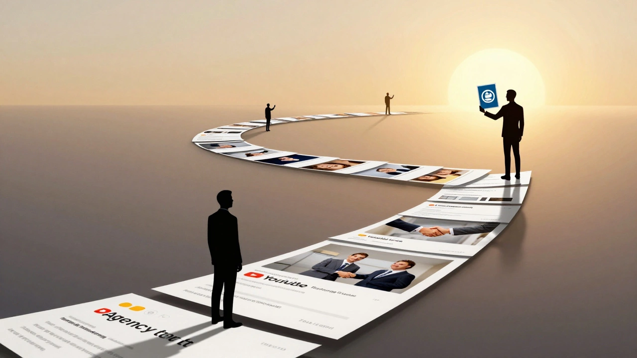 A symbolic path of photos and emails leading to a glowing horizon, representing the journey from zero to model.