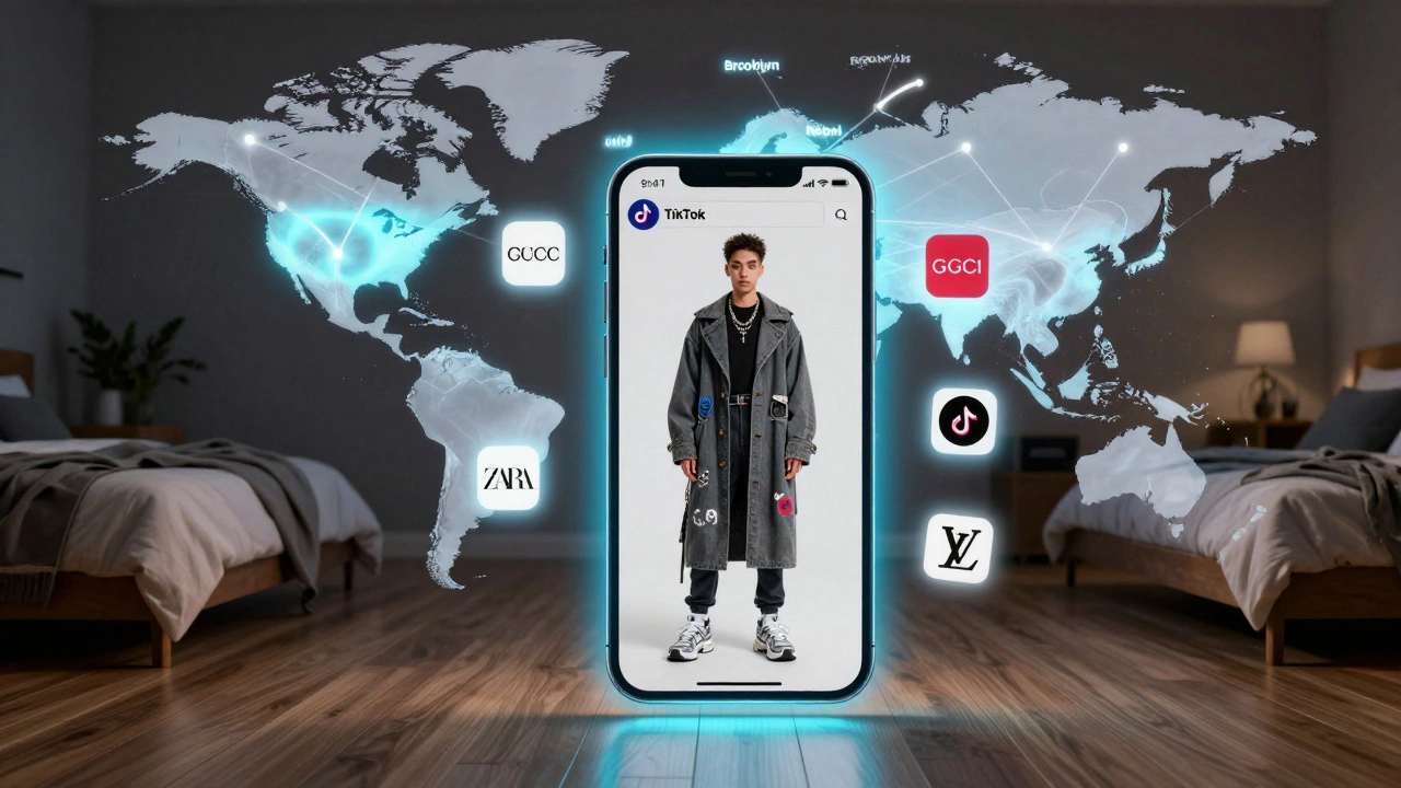 A viral TikTok video of a teen styling luxury thrifted fashion floats above a bedroom, inspiring global brands.