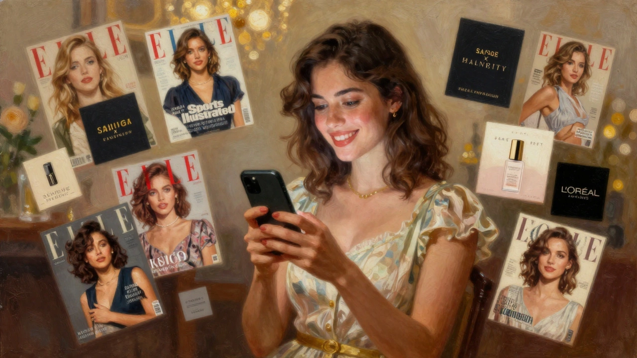 A woman posting a photo of herself in a vintage dress, with digital magazine covers floating around her.