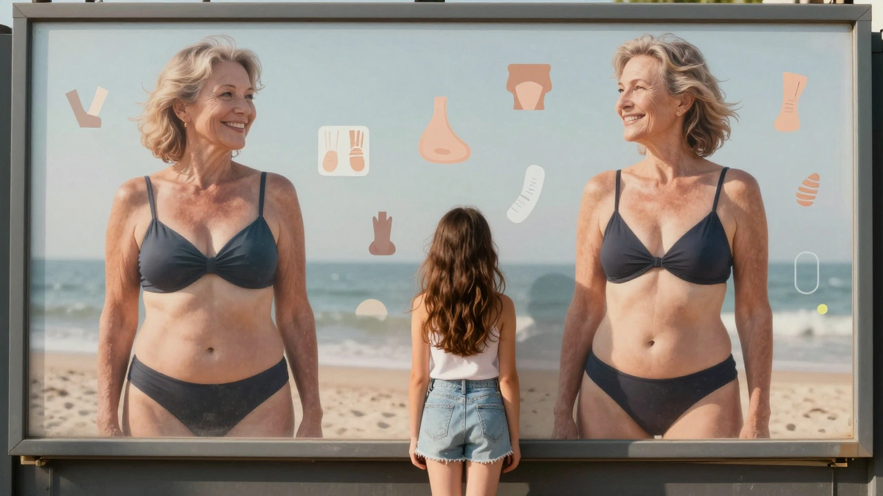 A young girl looks at a billboard of a 60-year-old model, her reflection showing self-acceptance and pride.