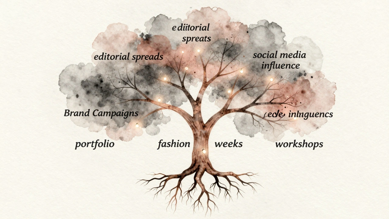 Artistic tree illustration showing a model's career growth from fashion weeks to editorial, campaigns, and workshops.