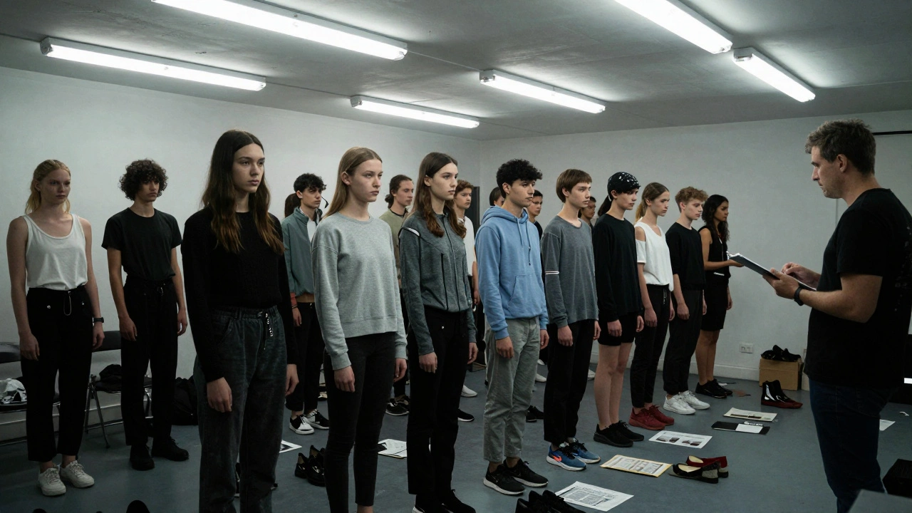 Aspiring models waiting in line for a casting call in a fluorescent-lit room, looking nervous and focused.