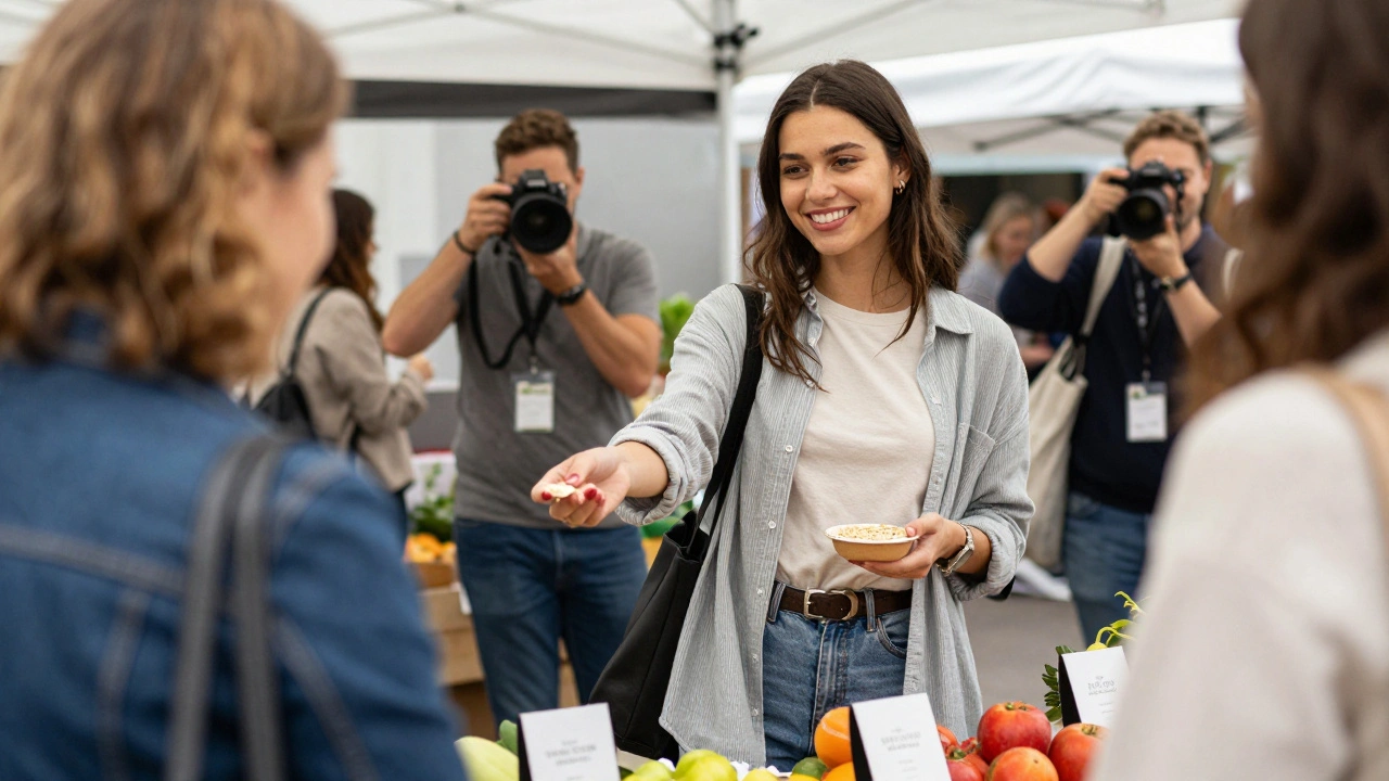 Beginner model smiling at a local market event, handing out samples, photographer capturing the moment.