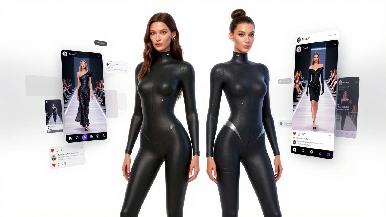 Bella Hadid and Kaia Gerber in motion capture suits with their digital avatars wearing virtual fashion in a glowing, infinite white space.
