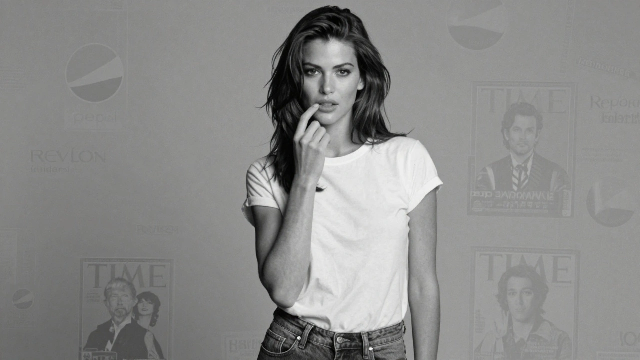 Cindy Crawford touching her iconic mole, wearing a white T-shirt and jeans in soft studio light.