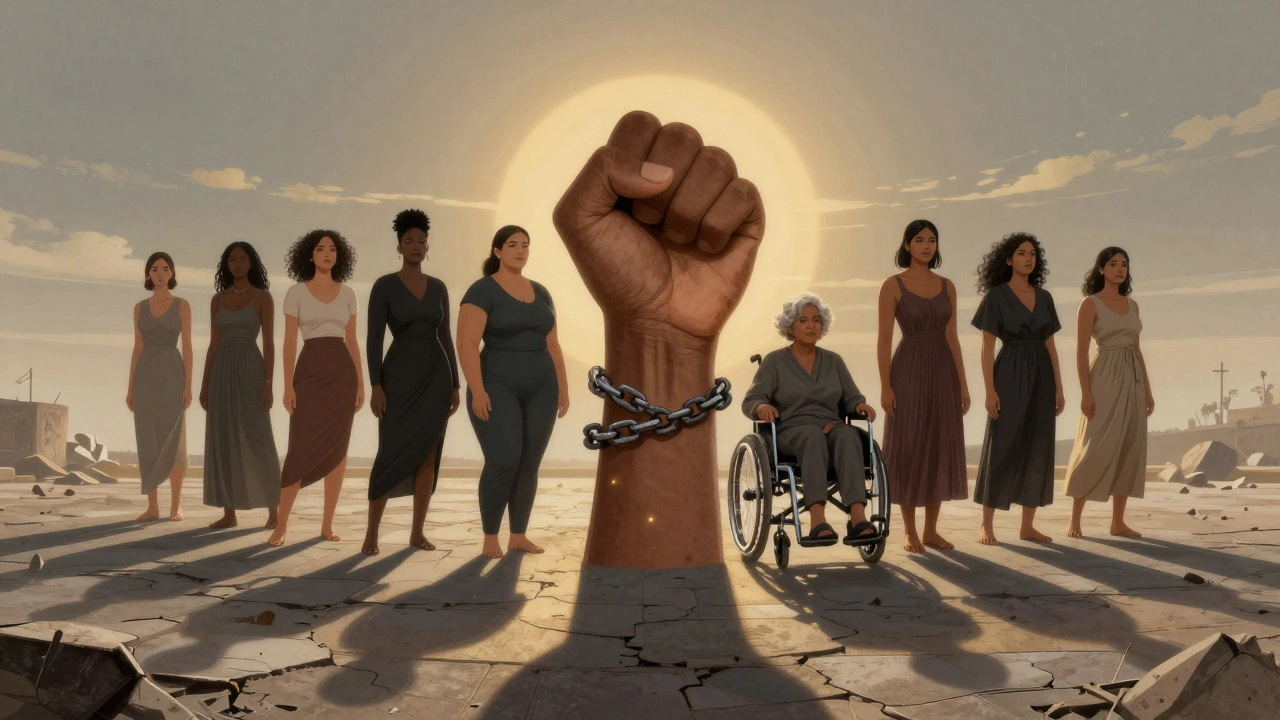 Diverse female models standing together, their shadows forming a fist breaking chains.