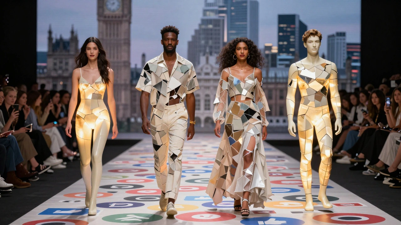 Diverse models emerging from broken mannequins, standing on a runway made of social media icons under a city skyline.