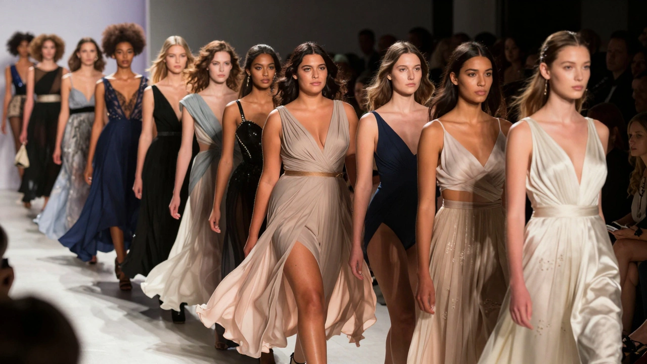 Diverse models walking together on a fashion runway in elegant, unretouched couture.