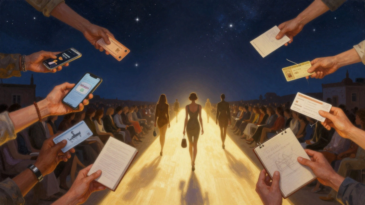 Hands from small towns reaching toward a glowing runway, symbolizing diverse paths to modeling success.