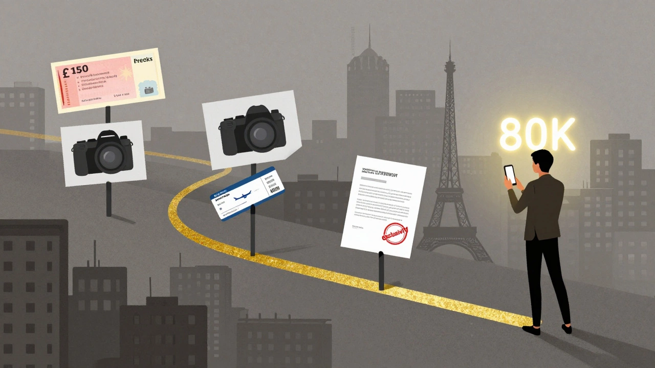 Illustrated path showing a model's journey through symbolic milestones from low pay to social media success.