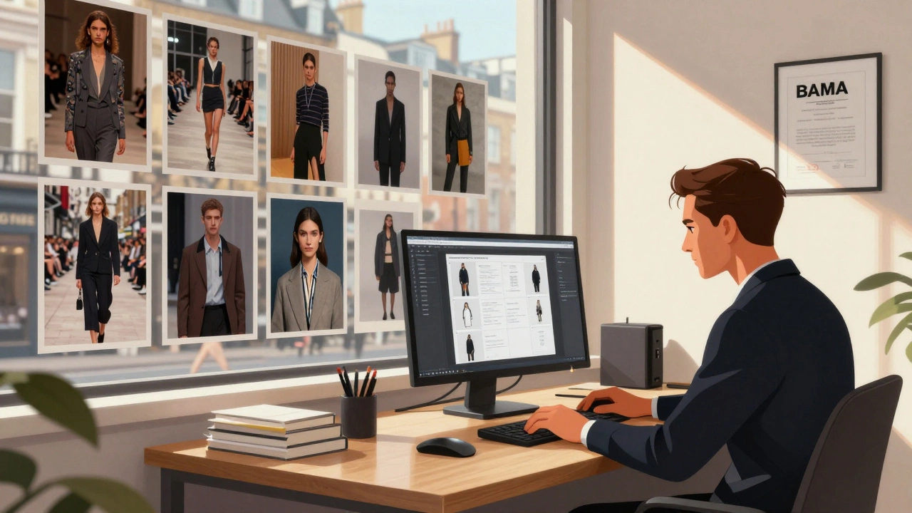 Model agency office with booker reviewing digital portfolios, walls covered in model photos, sunlight streaming in.