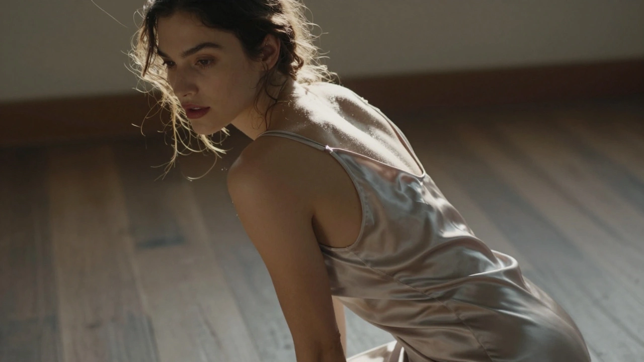 Model glancing over shoulder with flowing dress, backlighting, calm expression.