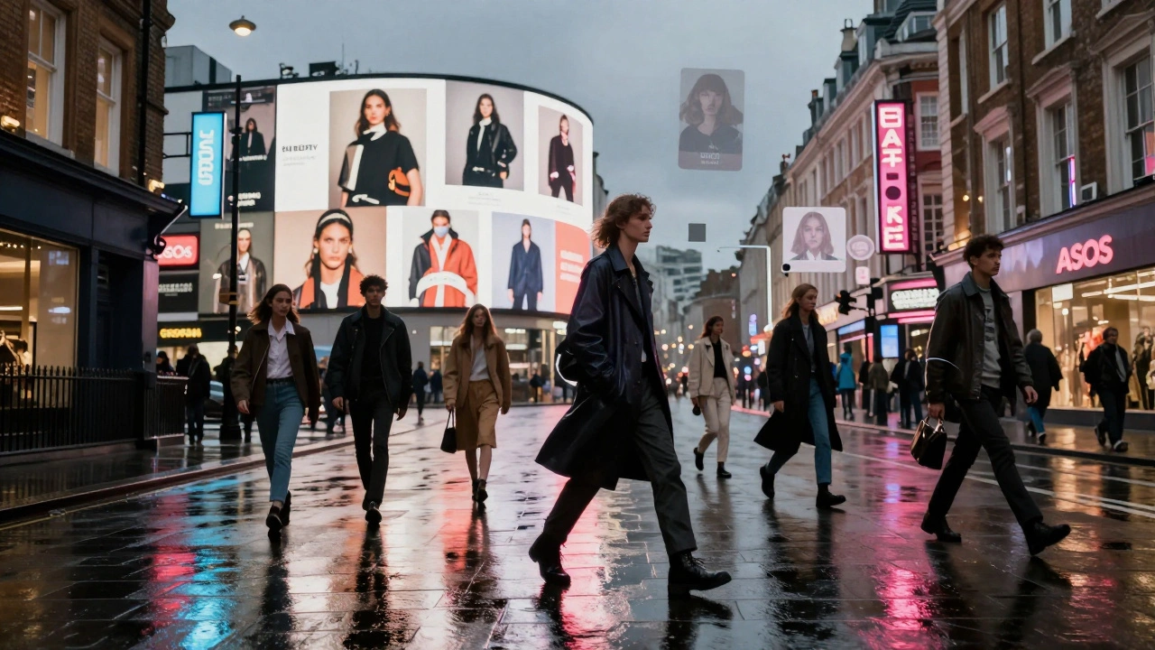 Model walking London street at dusk, surrounded by floating images of fashion ads and digital interfaces.