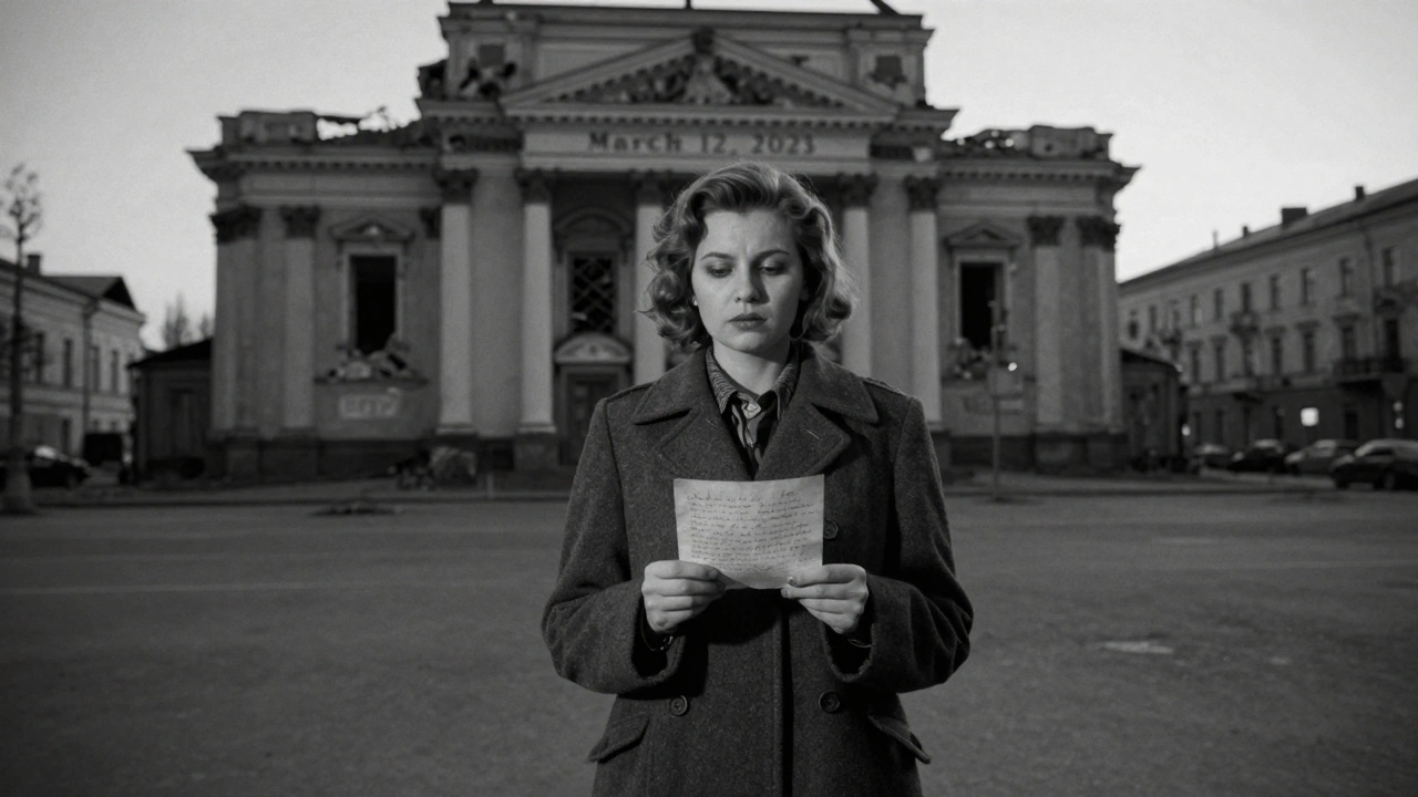 Nina Aleksandrova before a ruined theater in Kyiv, holding a letter, black-and-white silence.