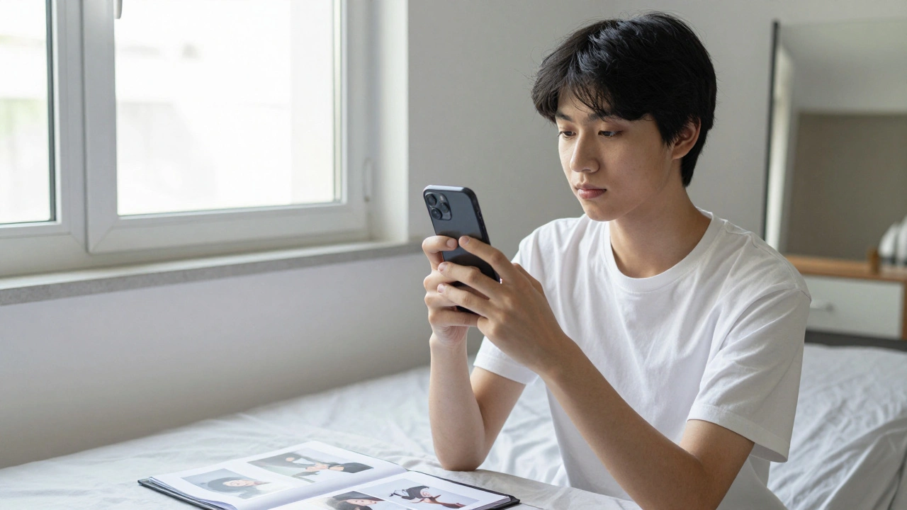 Person taking a natural-light headshot with a smartphone by a window, plain shirt, no filters, authentic expression.