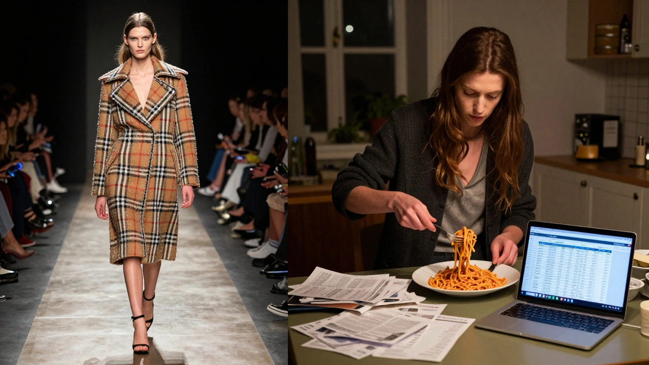 Split image: model on runway under bright lights and same model cooking at home with bills visible.