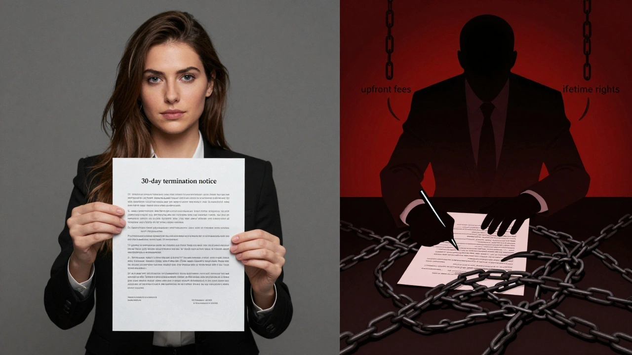 Split image: model signing fair contract vs. being pressured by shadowy agency with exploitative terms.