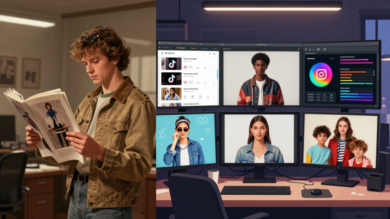 Split-screen comparison: old-style model scouting vs. modern digital agency screens with diverse social media profiles.