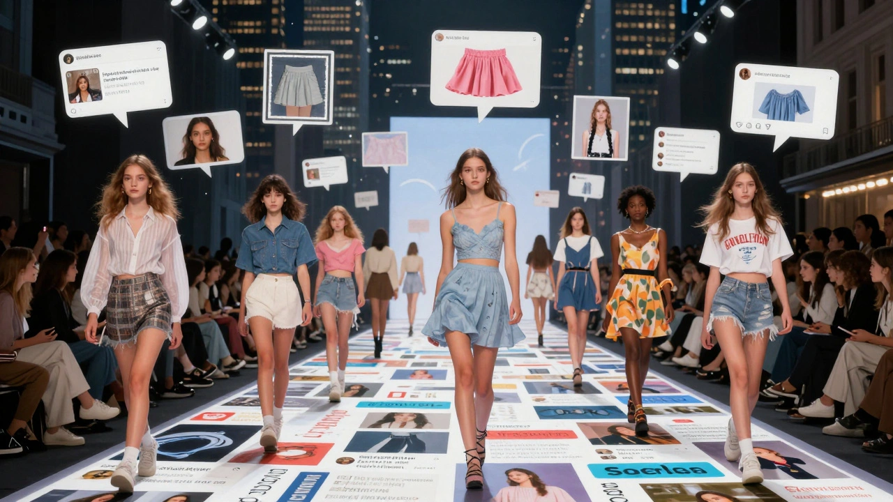 Surreal runway of social media feeds with teen models walking as consumers vote on fashion designs floating above.