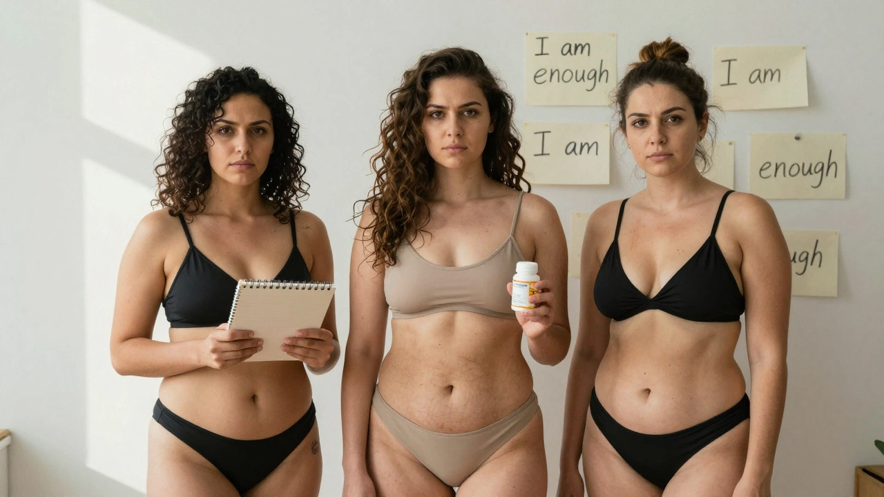 Three unretouched women in bikinis standing together, displaying natural body variations and holding therapy items.
