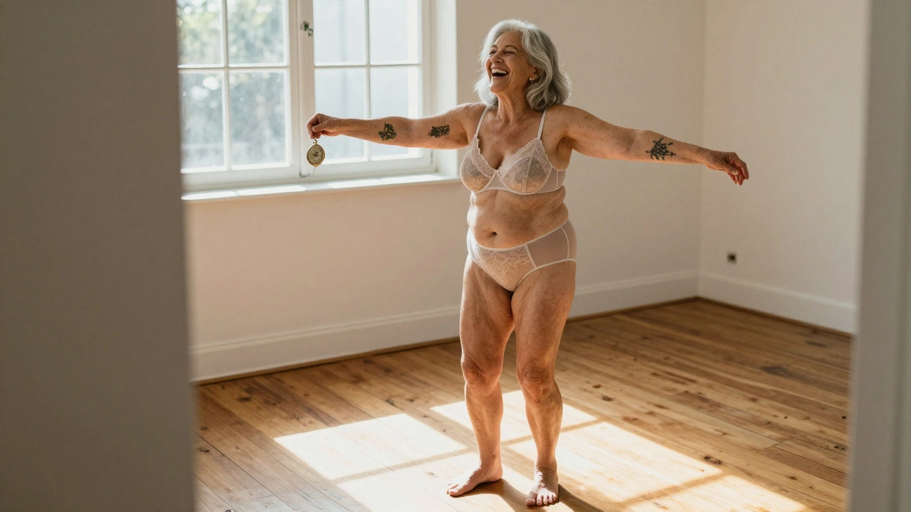 A 50-year-old woman with silver hair and tattoos, smiling while holding a family locket in soft sunlight.