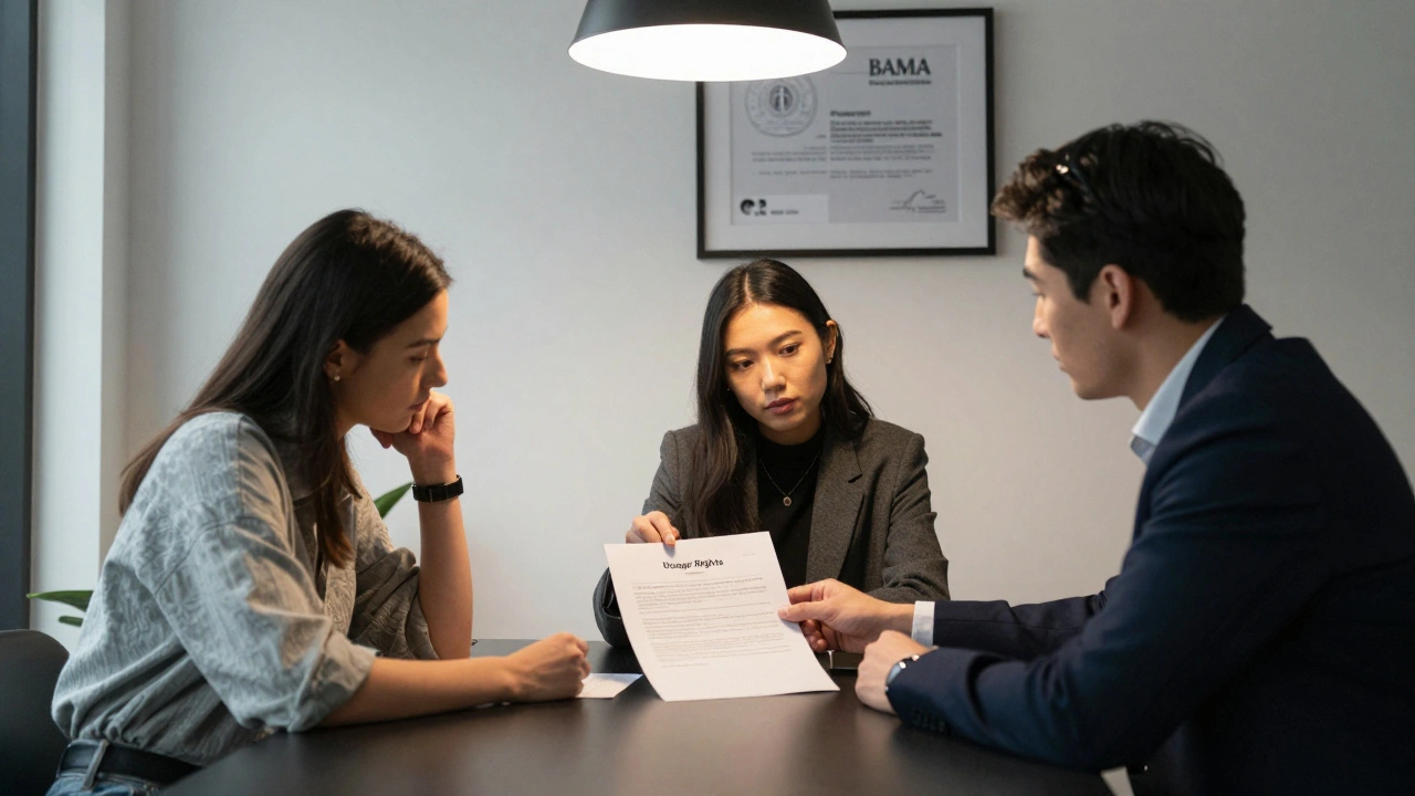 A model and agency representative review a contract with clauses on exclusivity and usage rights.